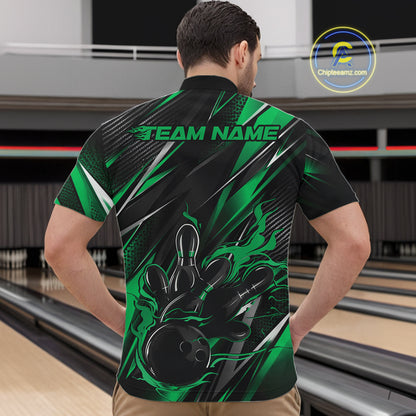 Black And Green Flame Custom Bowling Men Quarter Zip Shirt, Bowling Tournament Team Jersey IPHW12196