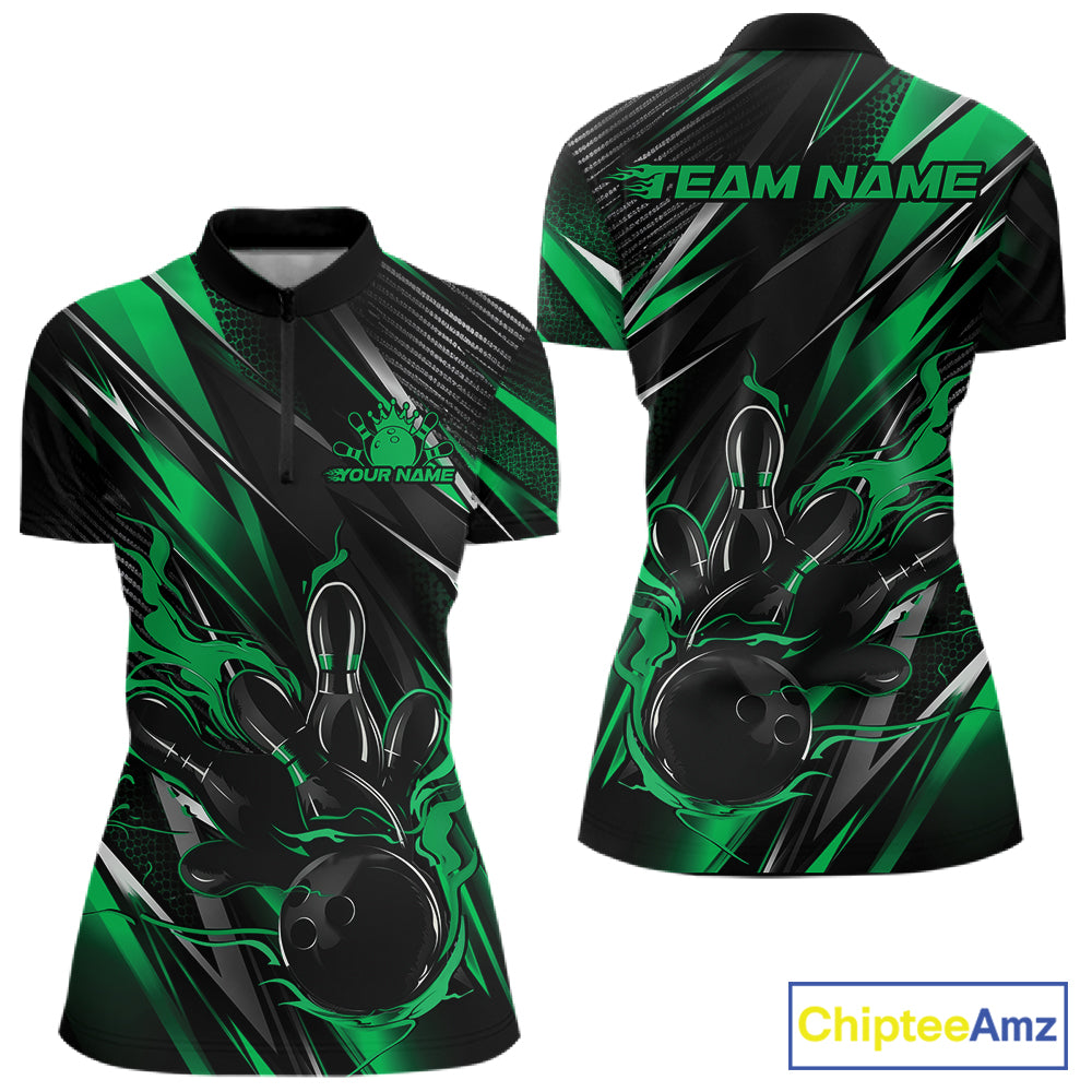 Black And Green Flame Custom Bowling Women Quarter-Zip Shirt, Bowling Team Jersey IPHW12196