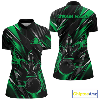 Black And Green Flame Custom Bowling Women Quarter-Zip Shirt, Bowling Team Jersey IPHW12196