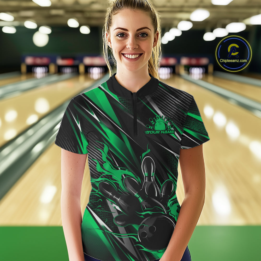 Black And Green Flame Custom Bowling Women Quarter-Zip Shirt, Bowling Team Jersey IPHW12196