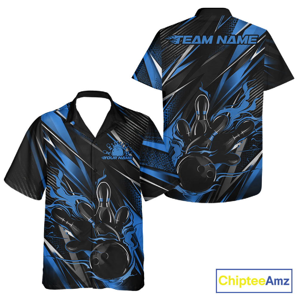 Black And Blue Flame Custom Bowling Men And Women Button Up Shirt, Bowling Tournament Team Jersey IPHW12197