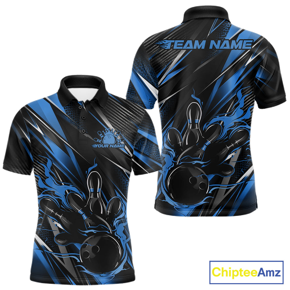 Black And Blue Flame Custom Bowling Men Polo Shirt, Bowling Tournament Team Jersey IPHW12197