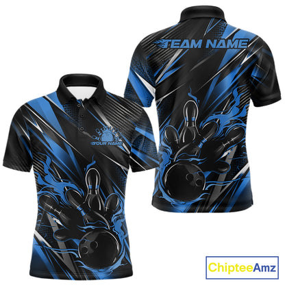 Black And Blue Flame Custom Bowling Men Polo Shirt, Bowling Tournament Team Jersey IPHW12197
