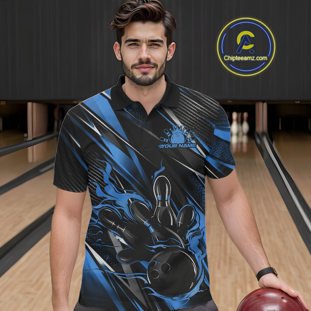 Black And Blue Flame Custom Bowling Men Polo Shirt, Bowling Tournament Team Jersey IPHW12197