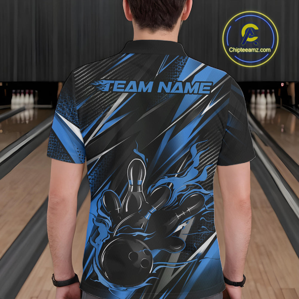 Black And Blue Flame Custom Bowling Men Polo Shirt, Bowling Tournament Team Jersey IPHW12197