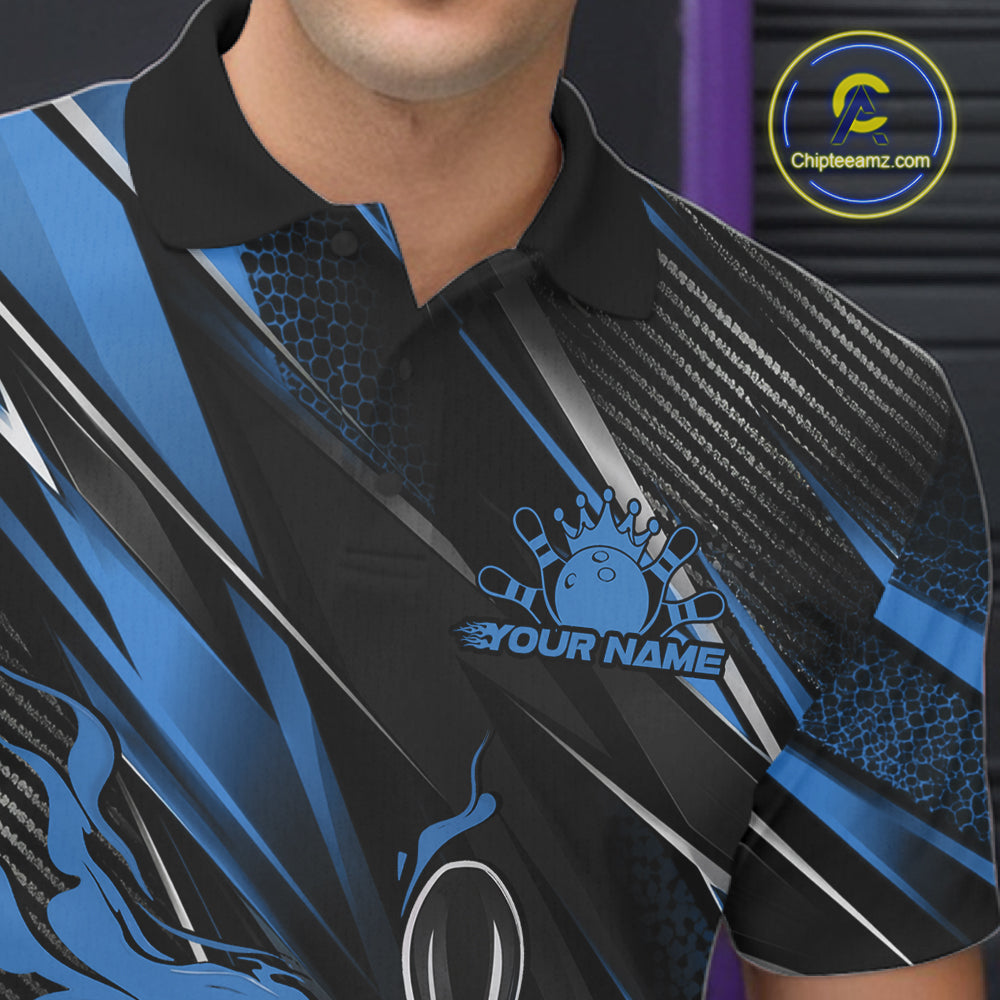 Black And Blue Flame Custom Bowling Men Polo Shirt, Bowling Tournament Team Jersey IPHW12197