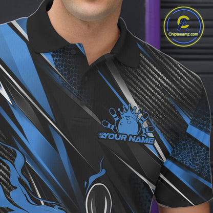 Black And Blue Flame Custom Bowling Men Polo Shirt, Bowling Tournament Team Jersey IPHW12197