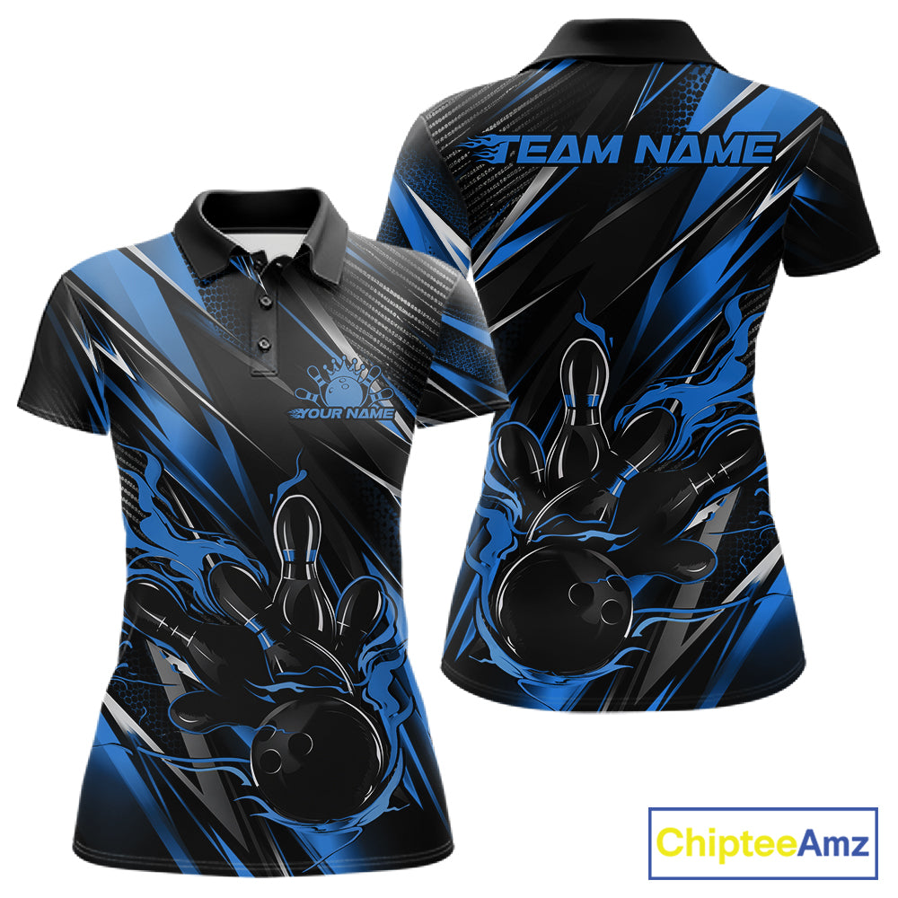 Black And Blue Flame Custom Bowling Women Polo Shirt, Bowling Tournament Team Jersey IPHW12197
