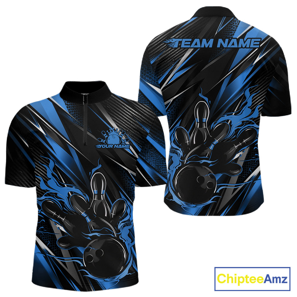 Black And Blue Flame Custom Bowling Men Quarter Zip Shirt, Bowling Tournament Team Jersey IPHW12197