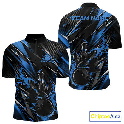 Black And Blue Flame Custom Bowling Men Quarter Zip Shirt, Bowling Tournament Team Jersey IPHW12197