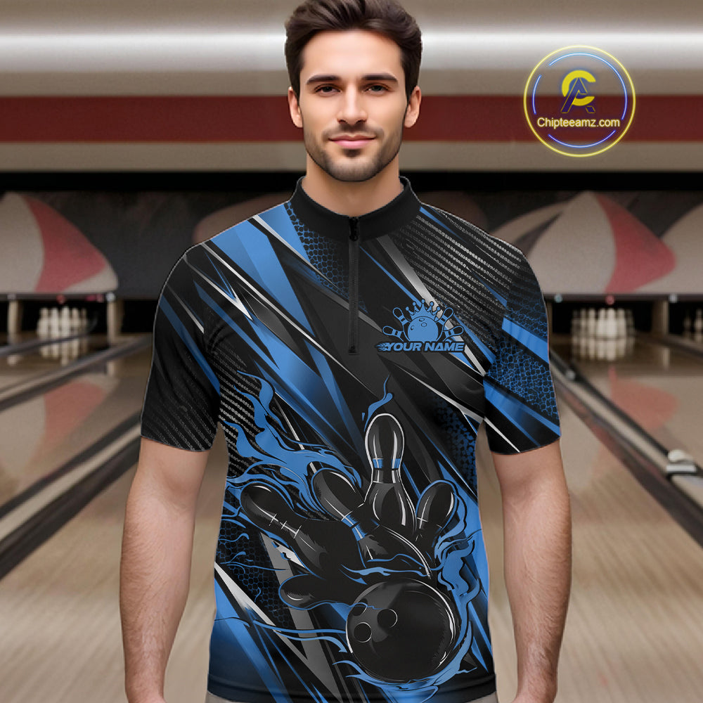 Black And Blue Flame Custom Bowling Men Quarter Zip Shirt, Bowling Tournament Team Jersey IPHW12197