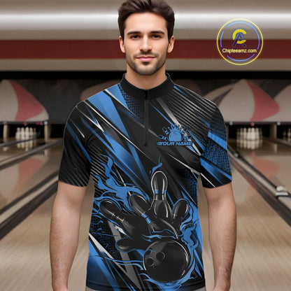 Black And Blue Flame Custom Bowling Men Quarter Zip Shirt, Bowling Tournament Team Jersey IPHW12197