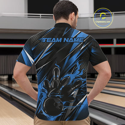 Black And Blue Flame Custom Bowling Men Quarter Zip Shirt, Bowling Tournament Team Jersey IPHW12197