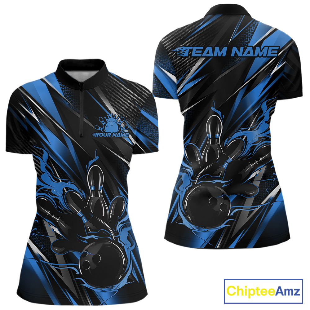 Black And Blue Flame Custom Bowling Women Quarter-Zip Shirt, Bowling Team Jersey IPHW12197