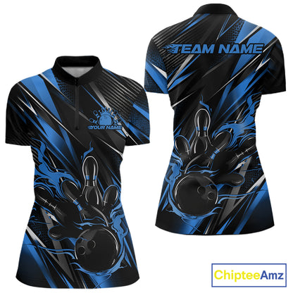 Black And Blue Flame Custom Bowling Women Quarter-Zip Shirt, Bowling Team Jersey IPHW12197