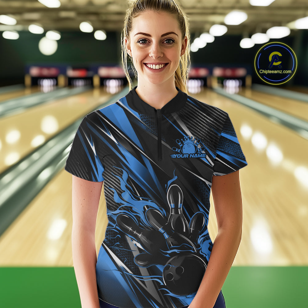 Black And Blue Flame Custom Bowling Women Quarter-Zip Shirt, Bowling Team Jersey IPHW12197