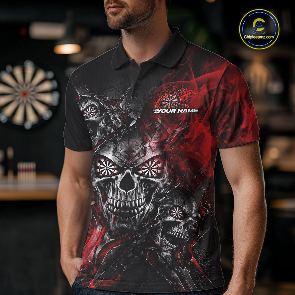 Custom Black And Red Flame Skull Dart Jersey Dart Team Men Polo Shirt Halloween Outfit IPHW12631