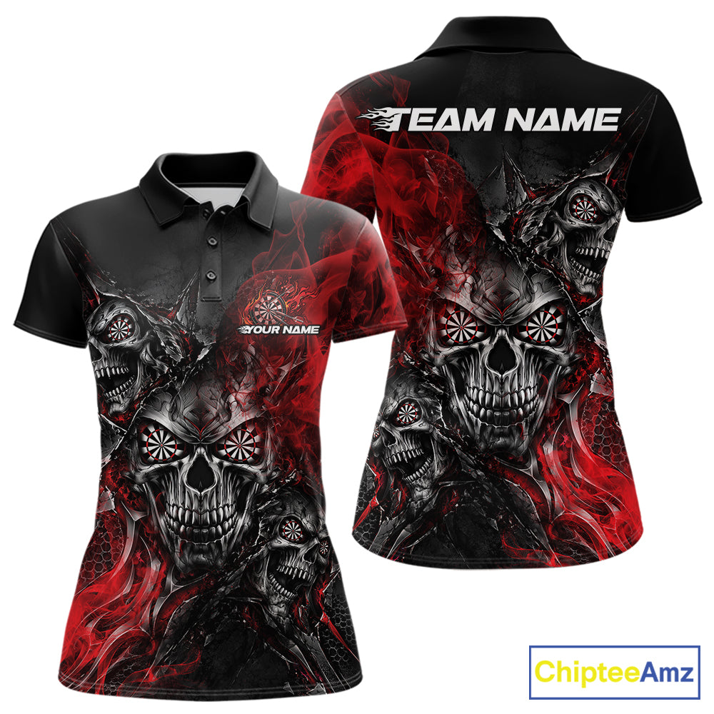 Custom Black And Red Flame Skull Dart Jersey Dart Team Women Polo Shirt Halloween Outfit IPHW12631