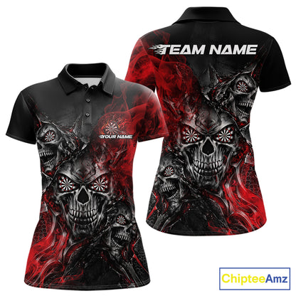Custom Black And Red Flame Skull Dart Jersey Dart Team Women Polo Shirt Halloween Outfit IPHW12631