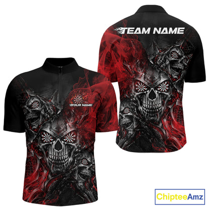 Custom Black And Red Flame Skull Dart Jersey Dart Team Men Quarter Zip Shirt Halloween Outfit IPHW12631