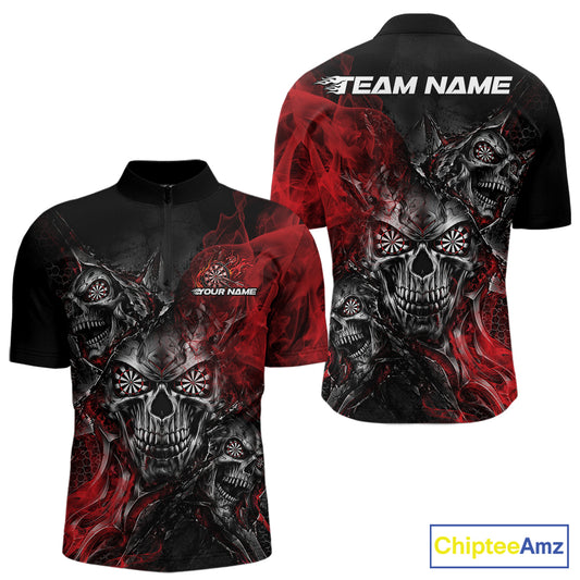 Custom Black And Red Flame Skull Dart Jersey Dart Team Men Quarter Zip Shirt Halloween Outfit IPHW12631