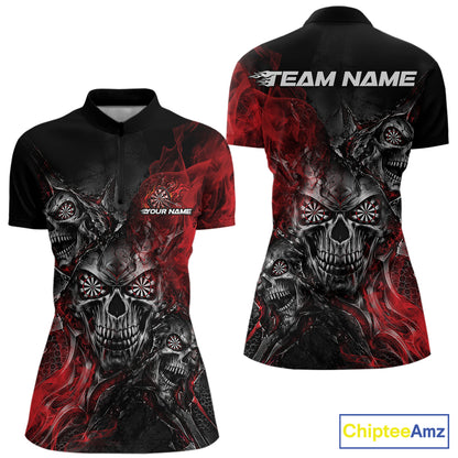 Custom Black And Red Flame Skull Dart Jersey Women Quarter-Zip Shirt Halloween Outfit IPHW12631