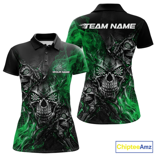 Custom Black And Green Flame Skull Dart Jersey Dart Team Women Polo Shirt Halloween Outfit IPHW12632