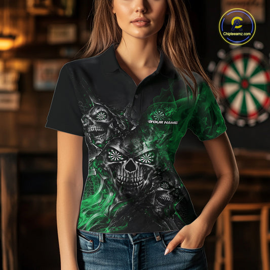 Custom Black And Green Flame Skull Dart Jersey Dart Team Women Polo Shirt Halloween Outfit IPHW12632