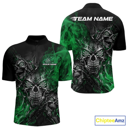 Custom Black And Green Flame Skull Dart Jersey Dart Team Men Quarter Zip Shirt Halloween Outfit IPHW12632