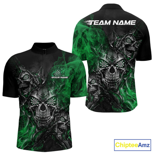 Custom Black And Green Flame Skull Dart Jersey Dart Team Men Quarter Zip Shirt Halloween Outfit IPHW12632