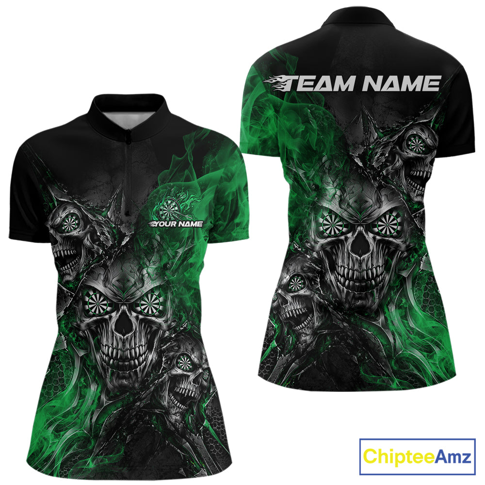 Custom Black And Green Flame Skull Dart Jersey Women Quarter-Zip Shirt Halloween Outfit IPHW12632