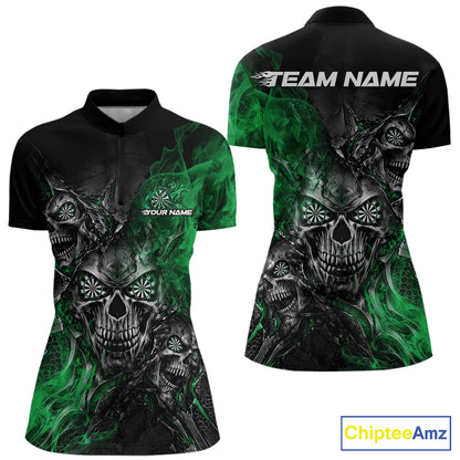 Custom Black And Green Flame Skull Dart Jersey Women Quarter-Zip Shirt Halloween Outfit IPHW12632
