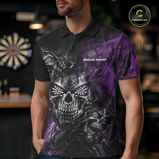Custom Black And Purple Flame Skull Dart Jersey Dart Team Men Polo Shirt Halloween Outfit IPHW12633
