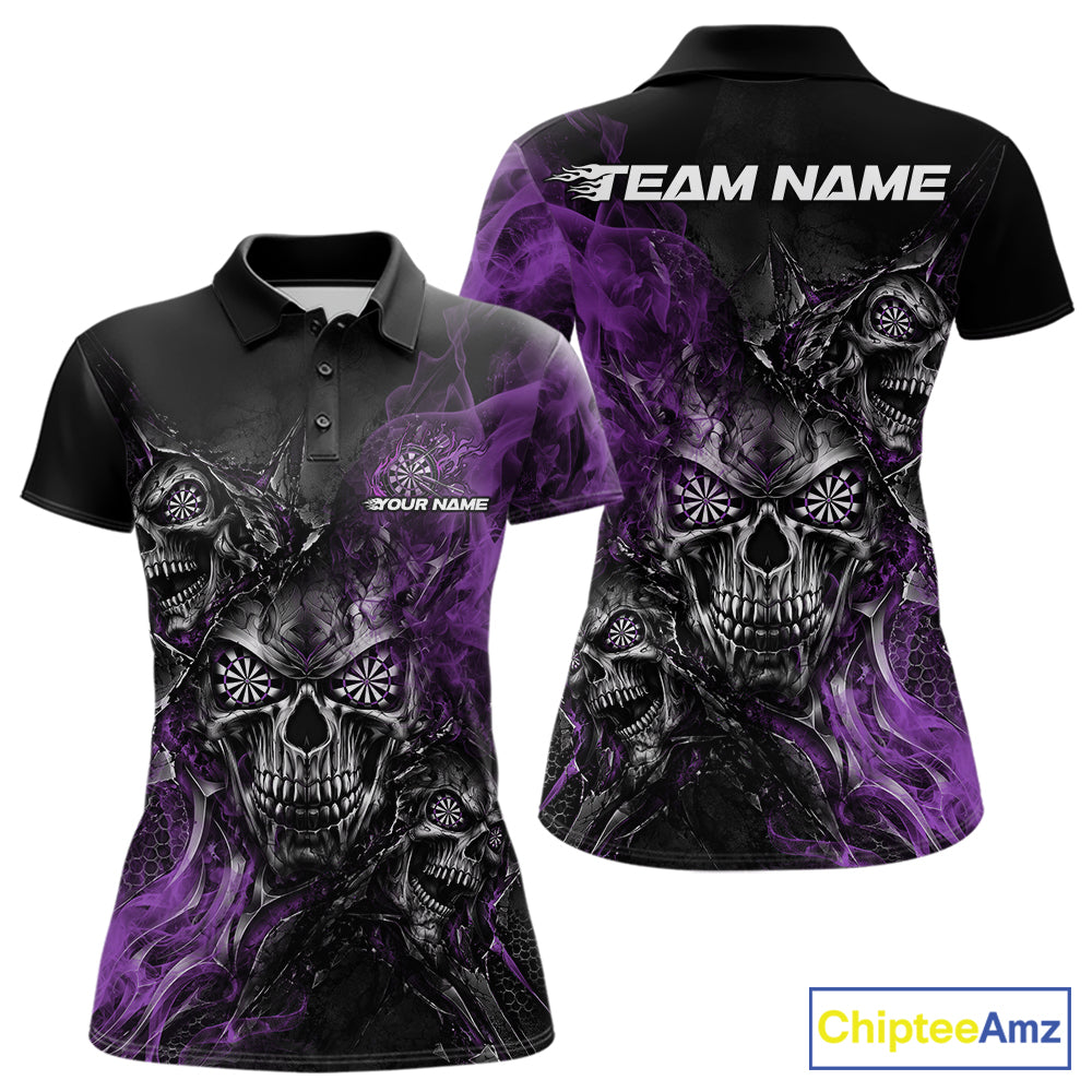 Custom Black And Purple Flame Skull Dart Jersey Dart Team Women Polo Shirt Halloween Outfit IPHW12633