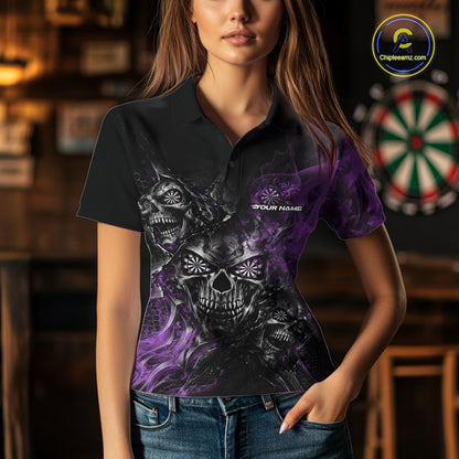 Custom Black And Purple Flame Skull Dart Jersey Dart Team Women Polo Shirt Halloween Outfit IPHW12633