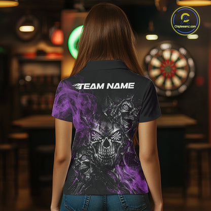 Custom Black And Purple Flame Skull Dart Jersey Dart Team Women Polo Shirt Halloween Outfit IPHW12633