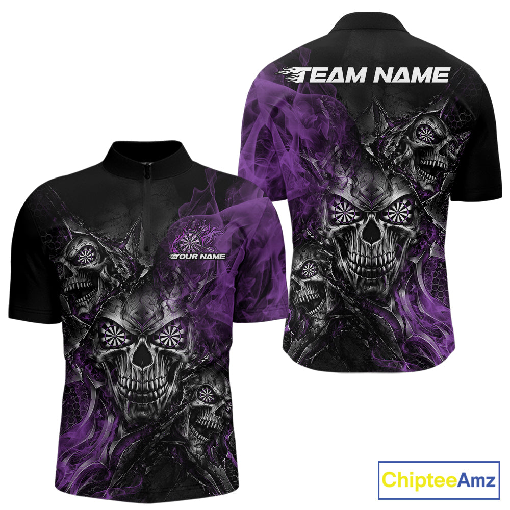 Custom Black And Purple Flame Skull Dart Jersey Dart Team Men Quarter Zip Shirt Halloween Outfit IPHW12633