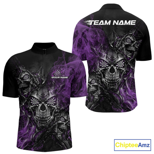 Custom Black And Purple Flame Skull Dart Jersey Dart Team Men Quarter Zip Shirt Halloween Outfit IPHW12633