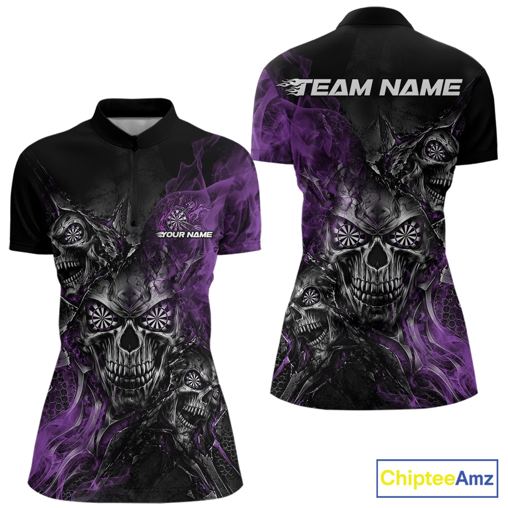 Custom Black And Purple Flame Skull Dart Jersey Women Quarter-Zip Shirt Halloween Outfit IPHW12633
