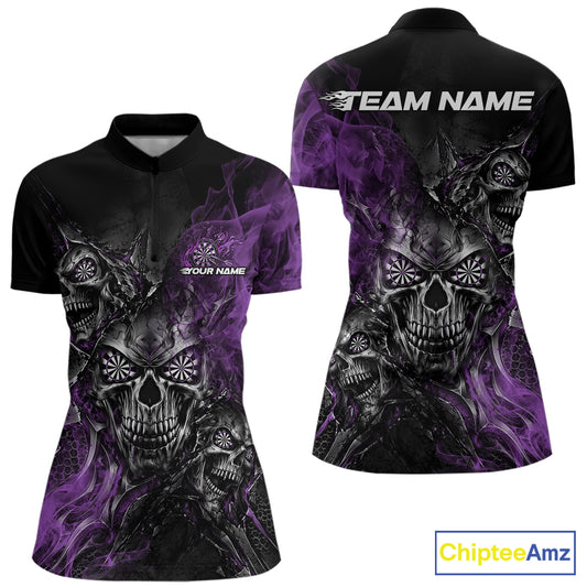 Custom Black And Purple Flame Skull Dart Jersey Women Quarter-Zip Shirt Halloween Outfit IPHW12633