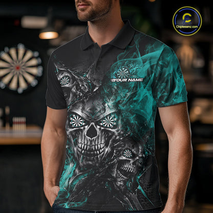 Custom Black And Turquoise Flame Skull Dart Jersey Dart Team Men Polo Shirt Halloween Outfit IPHW12634