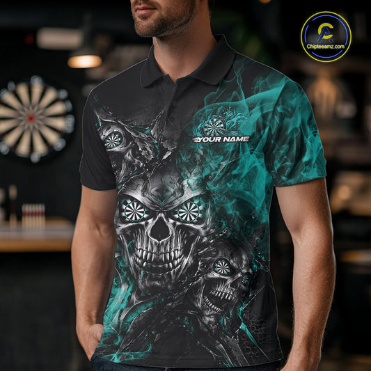 Custom Black And Turquoise Flame Skull Dart Jersey Dart Team Men Polo Shirt Halloween Outfit IPHW12634