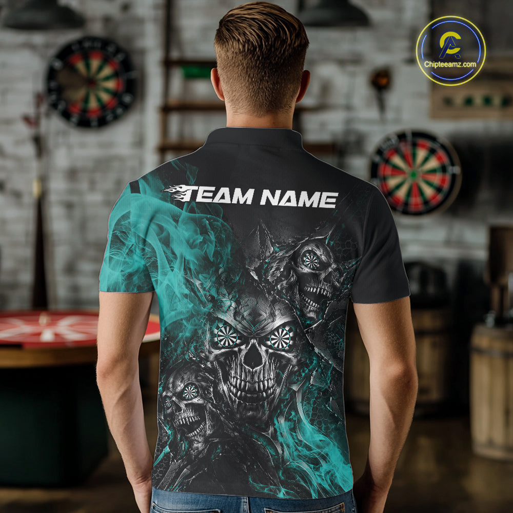 Custom Black And Turquoise Flame Skull Dart Jersey Dart Team Men Polo Shirt Halloween Outfit IPHW12634