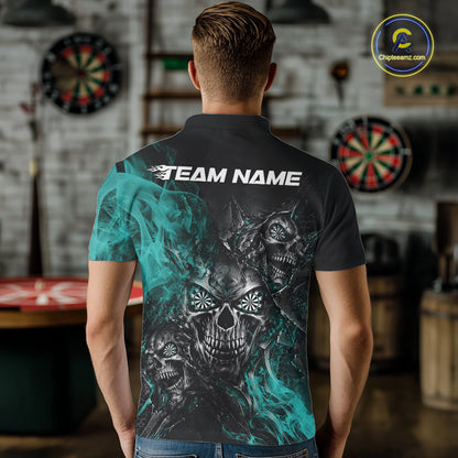 Custom Black And Turquoise Flame Skull Dart Jersey Dart Team Men Polo Shirt Halloween Outfit IPHW12634