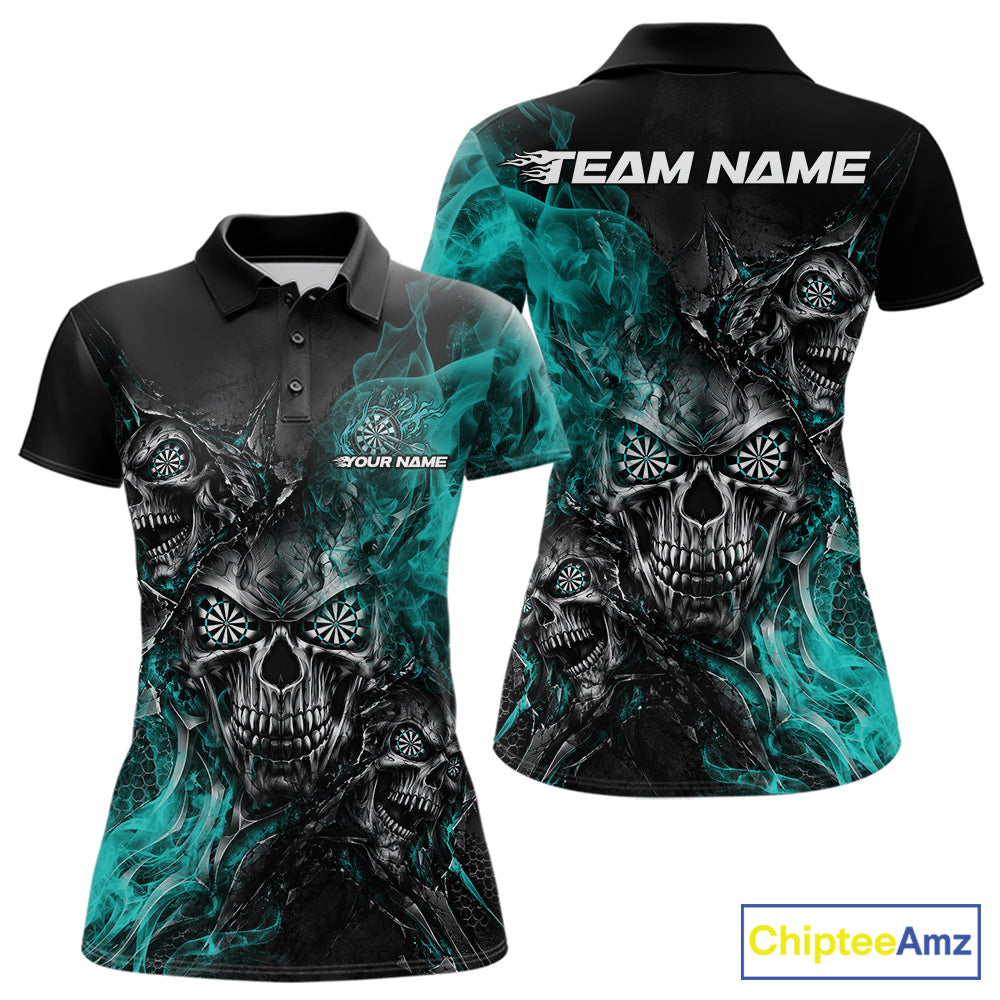 Custom Black And Turquoise Flame Skull Dart Jersey Dart Team Women Polo Shirt Halloween Outfit IPHW12634