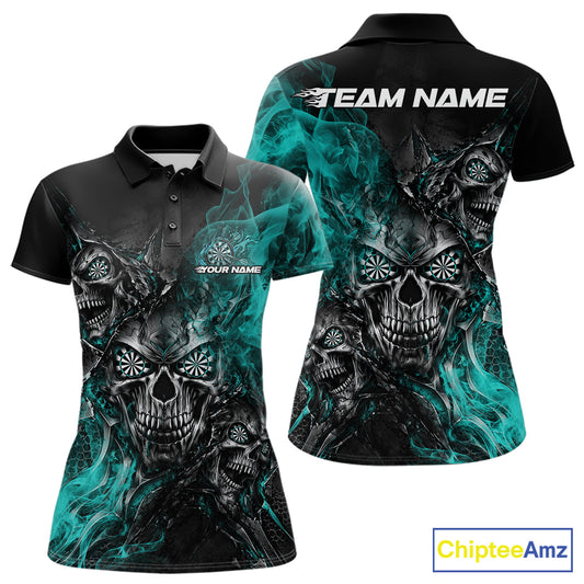 Custom Black And Turquoise Flame Skull Dart Jersey Dart Team Women Polo Shirt Halloween Outfit IPHW12634