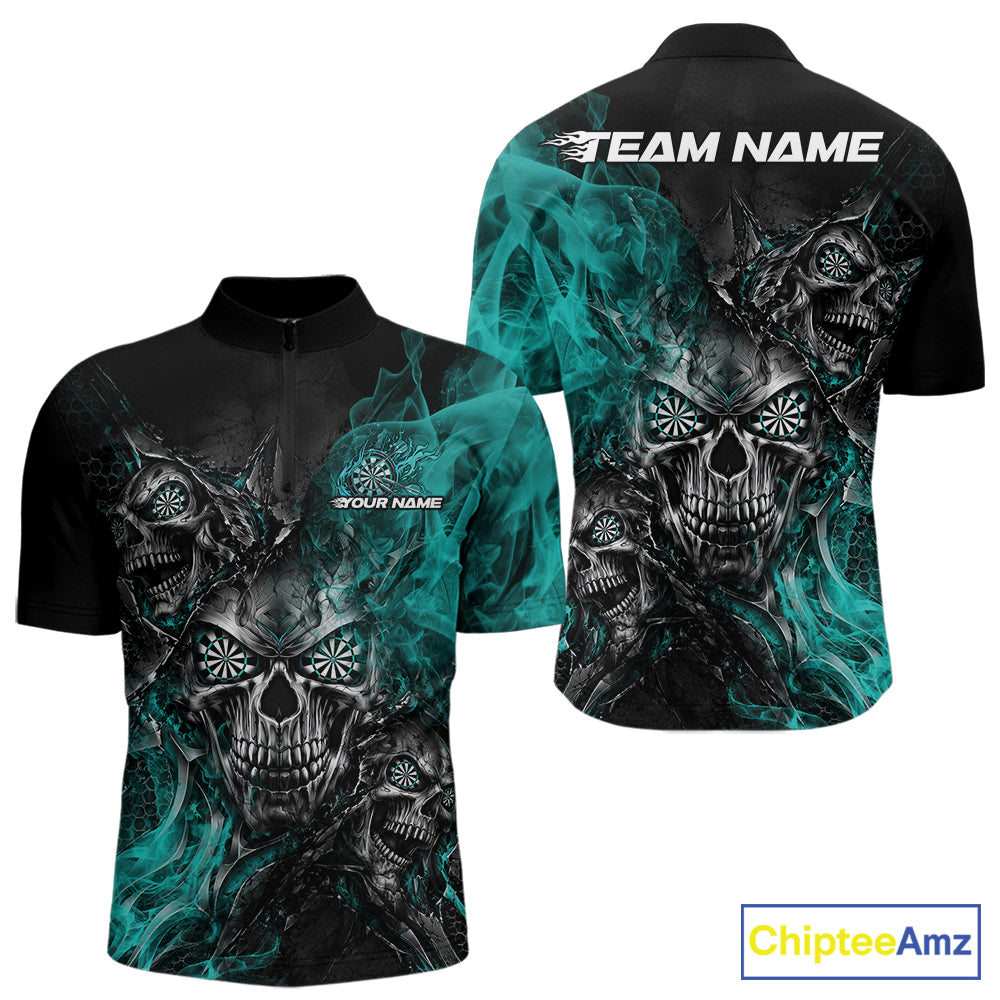 Custom Black And Turquoise Flame Skull Dart Jersey Dart Team Men Quarter Zip Shirt IPHW12634