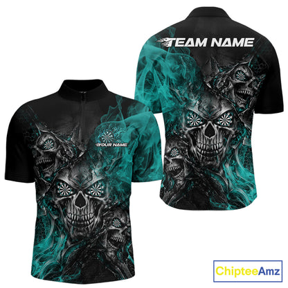 Custom Black And Turquoise Flame Skull Dart Jersey Dart Team Men Quarter Zip Shirt IPHW12634