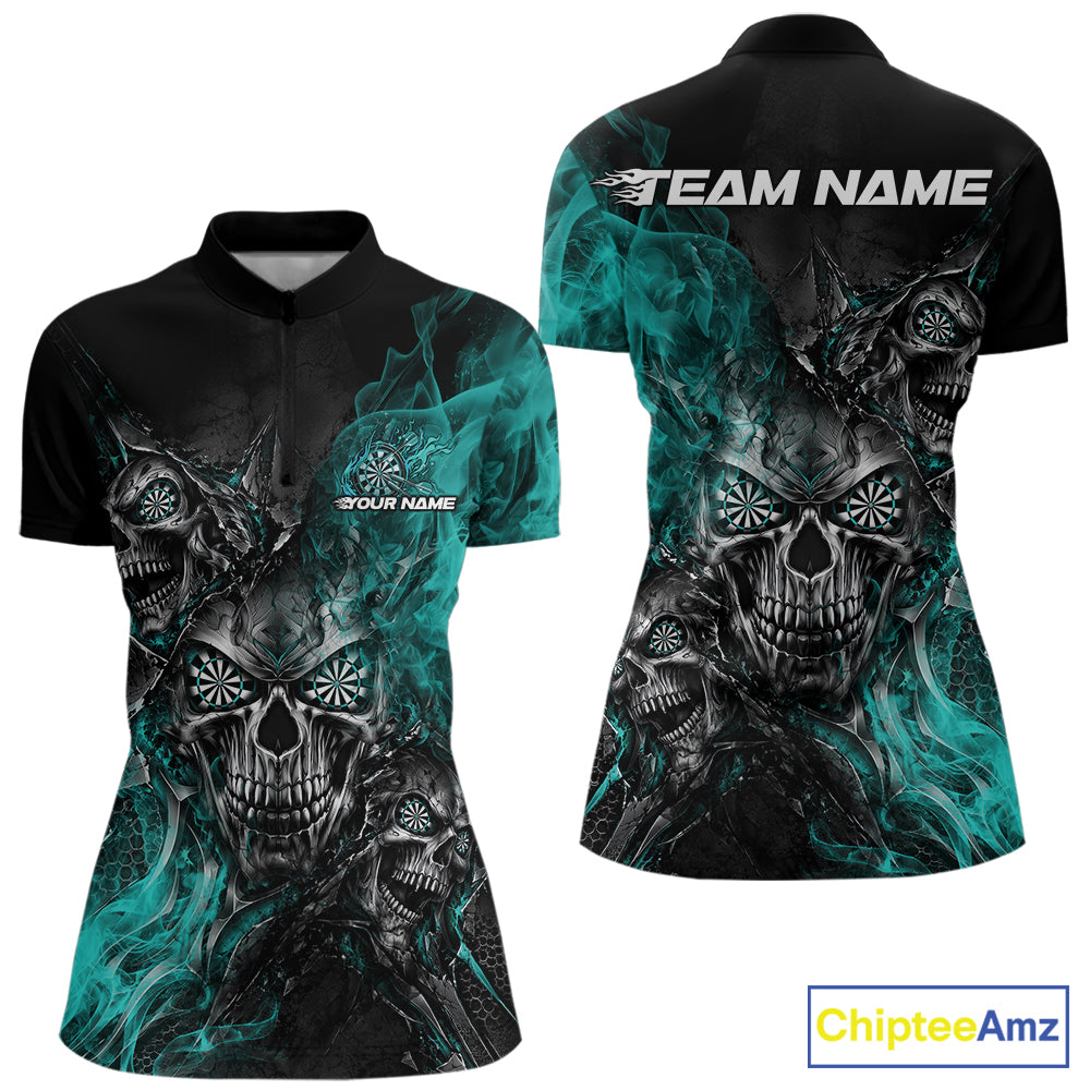 Custom Black And Turquoise Flame Skull Dart Jersey Women Quarter-Zip Shirt Halloween IPHW12634