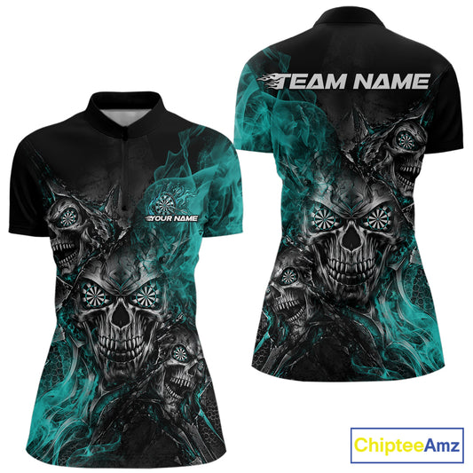 Custom Black And Turquoise Flame Skull Dart Jersey Women Quarter-Zip Shirt Halloween IPHW12634